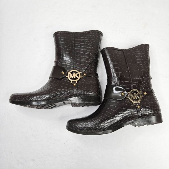 Michael Kors Rain Booties Dark Brown Croc Embossed Equestrian Rubber Rainboot - Picture 7 of 13